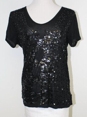 Tory Burch Sequin Tee Black Modal V Neck Party Top Small Euro Night Out‎